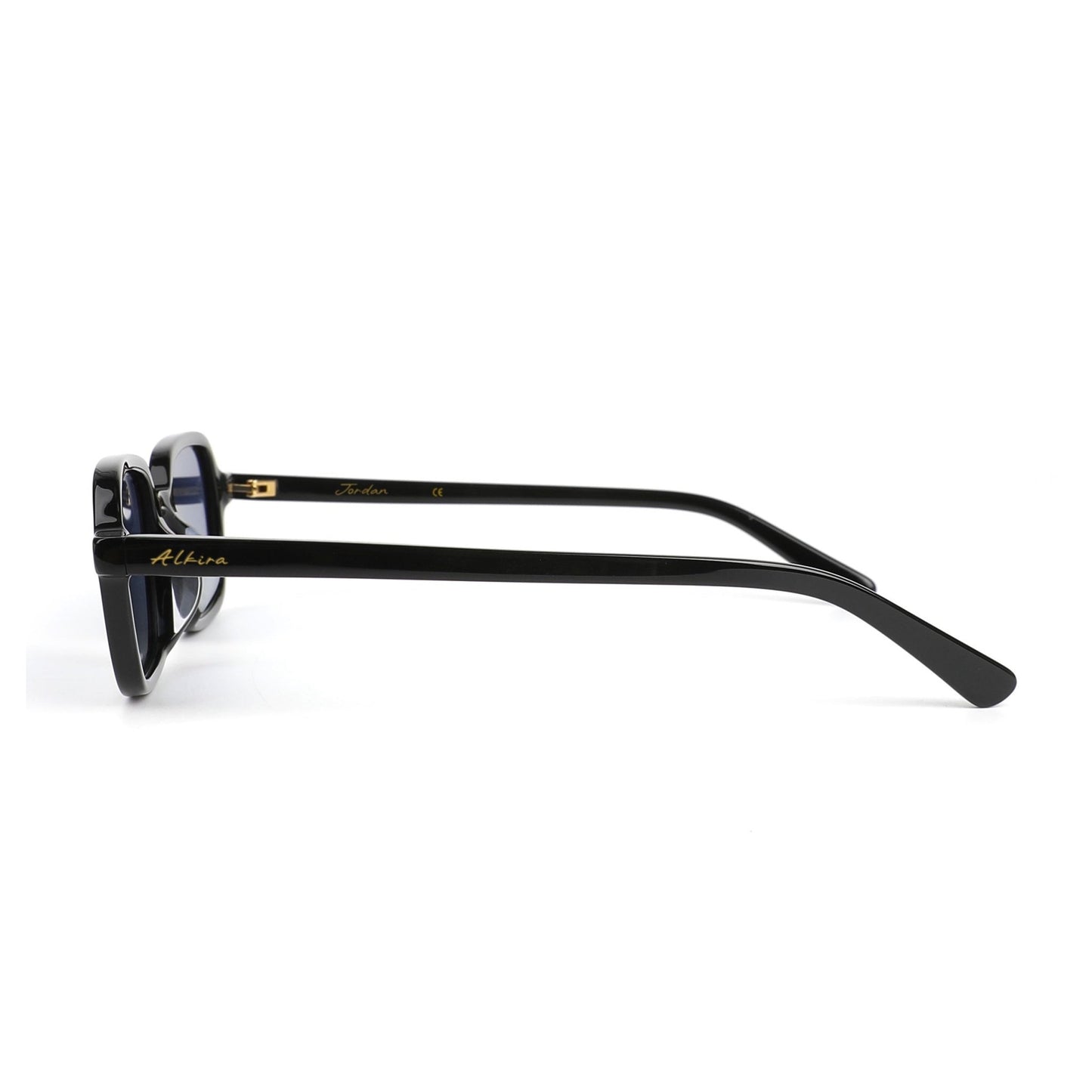 Black Alkira branded sunglasses with a thin frame on a white background
