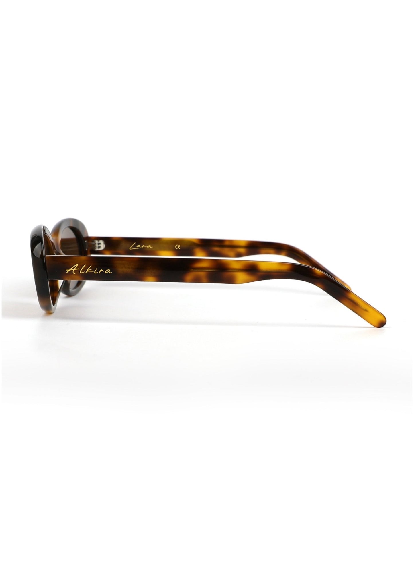 Alkira branded sunglasses with tortoiseshell frame on a white background
