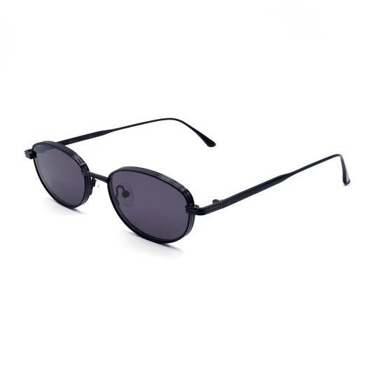 Black oval Alkira branded sunglasses on a white background