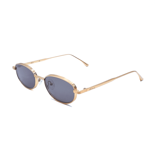 Gold-framed Alkira branded sunglasses with dark lenses on a white background