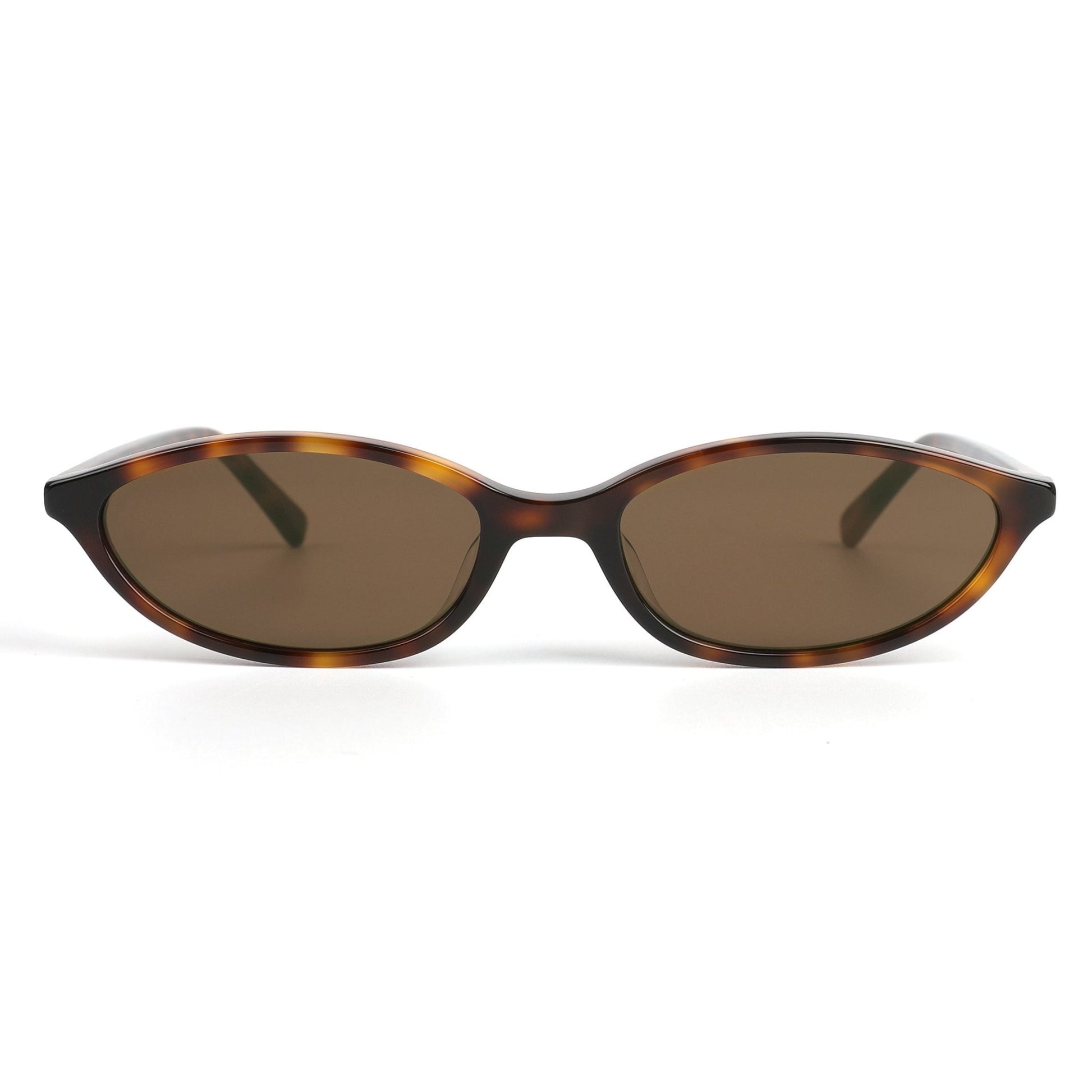 Alkira branded sunglasses with tortoiseshell frame and brown lenses on a white background