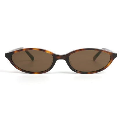 Alkira branded sunglasses with tortoiseshell frame and brown lenses on a white background