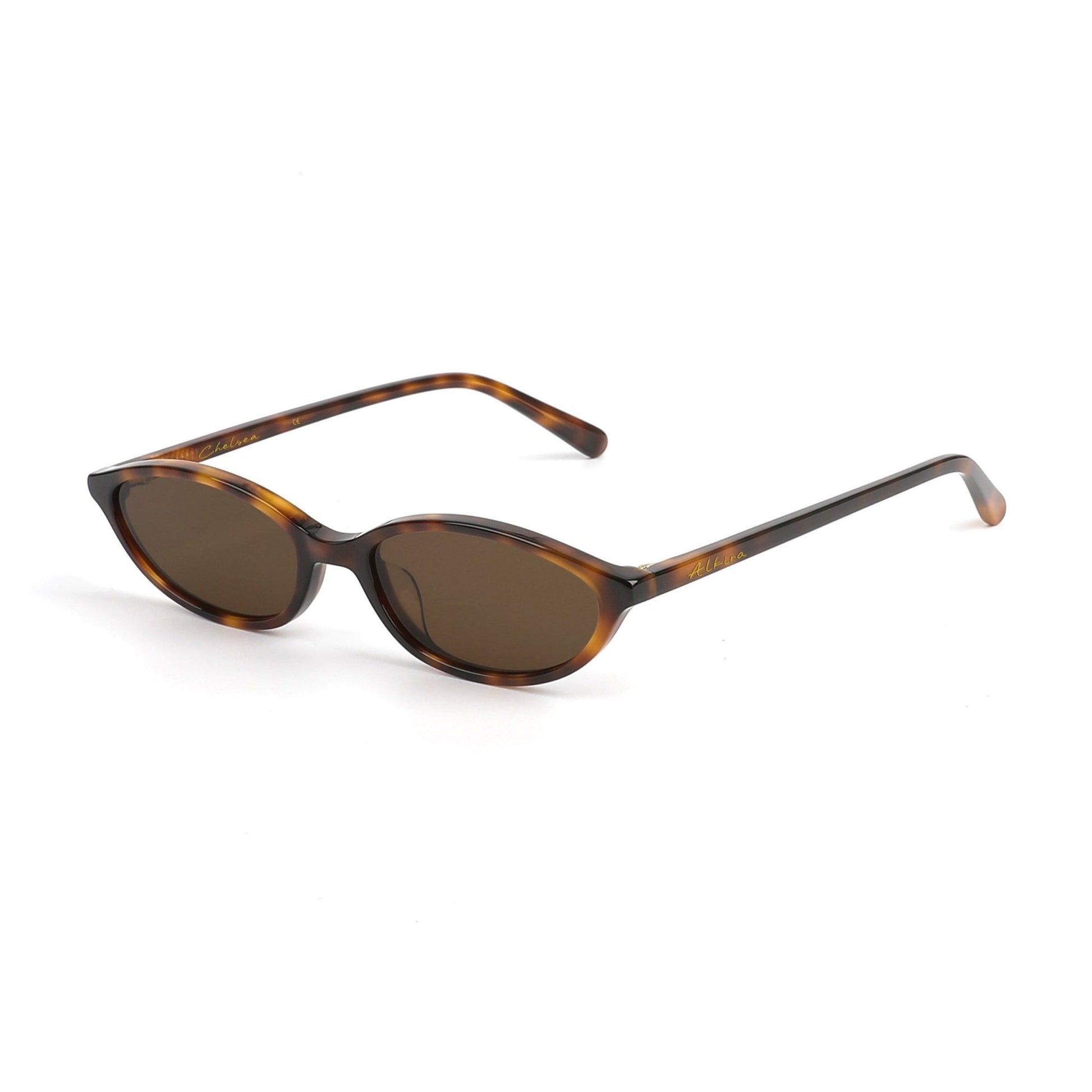 Alkira branded sunglasses with tortoiseshell frame and dark lenses on a white background