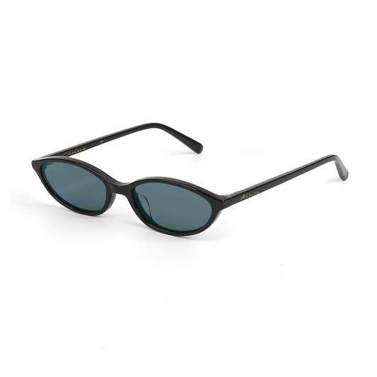 Black Alkira branded cat-eye sunglasses on a white background