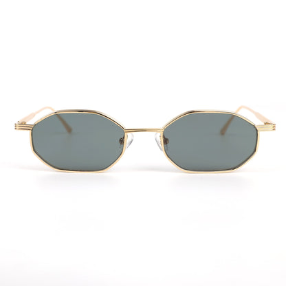 Gold-framed Alkira branded sunglasses with dark lenses on a white background