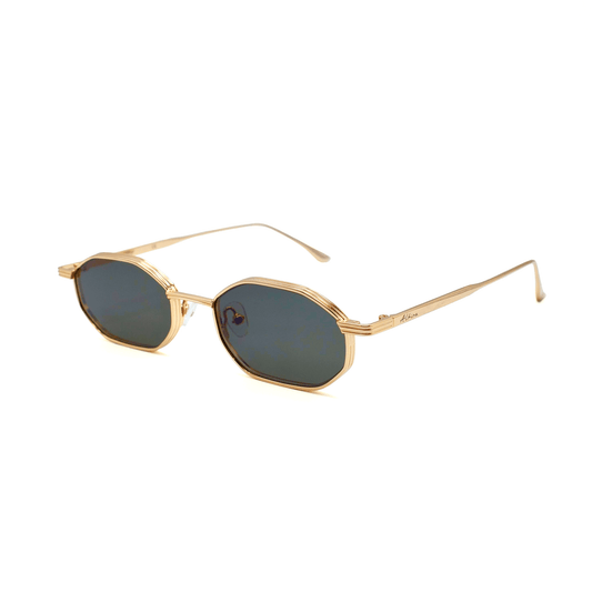 Gold-framed Alkira branded sunglasses with dark lenses on a white background