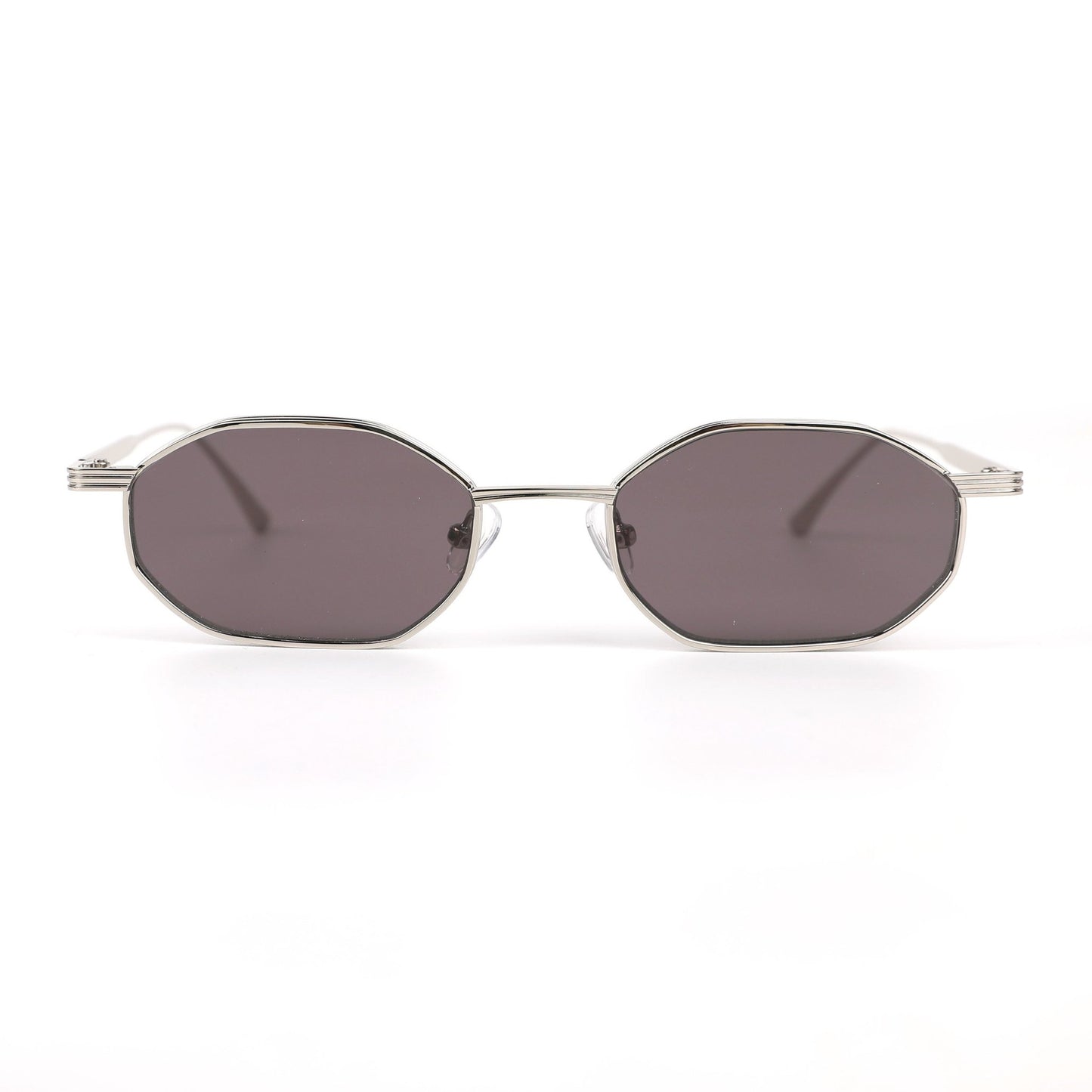 Alkira branded sunglasses with silver frame and dark lenses on a white background