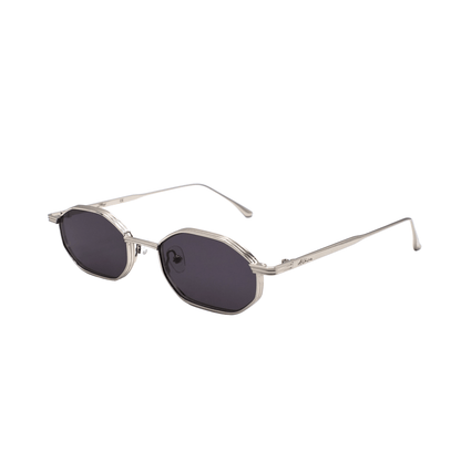 Alkira branded sunglasses with dark lenses and thin metal frame on a white background