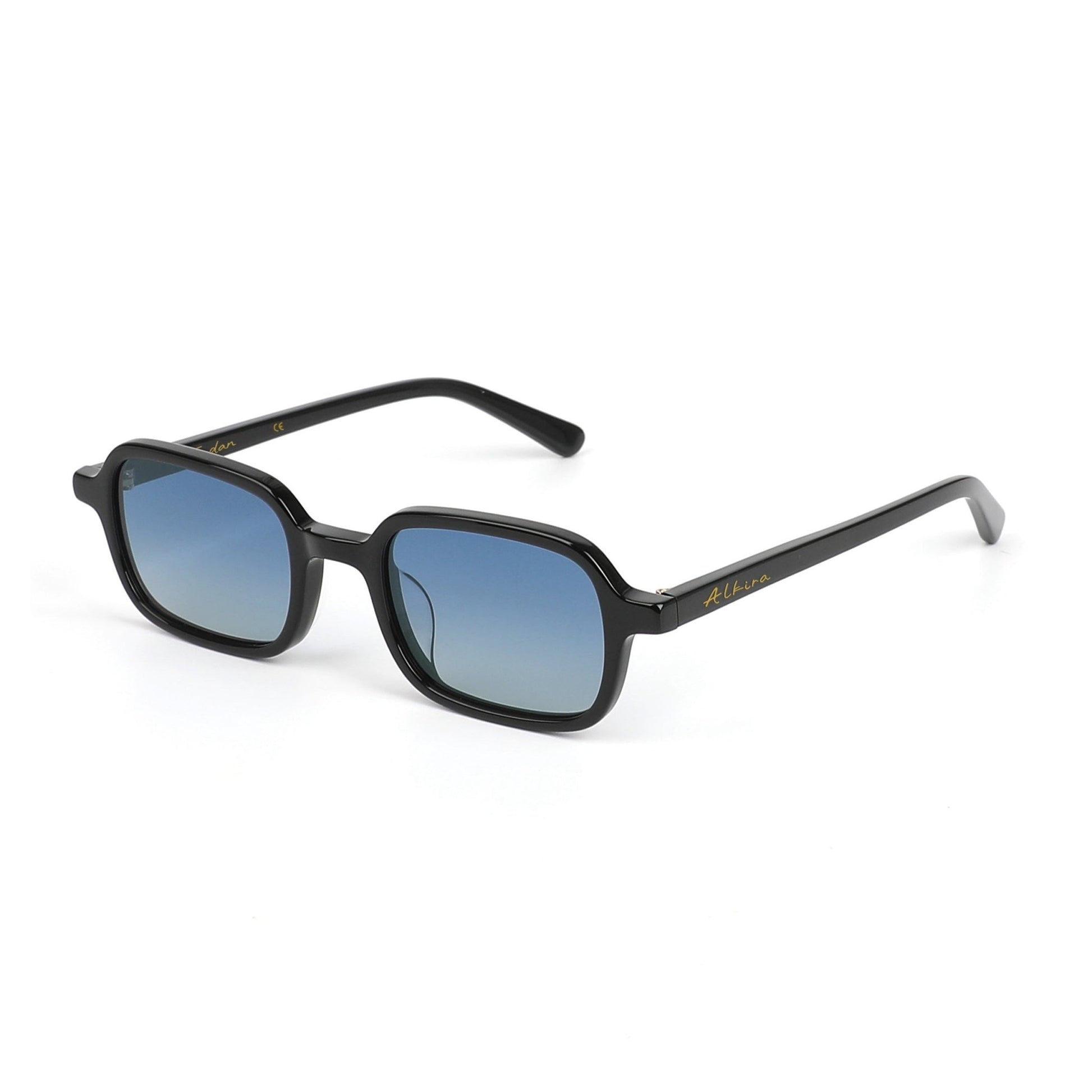 Black Alkira branded sunglasses with blue lenses on a white background