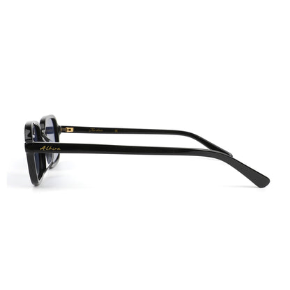 Black Alkira branded sunglasses with a thin frame on a white background