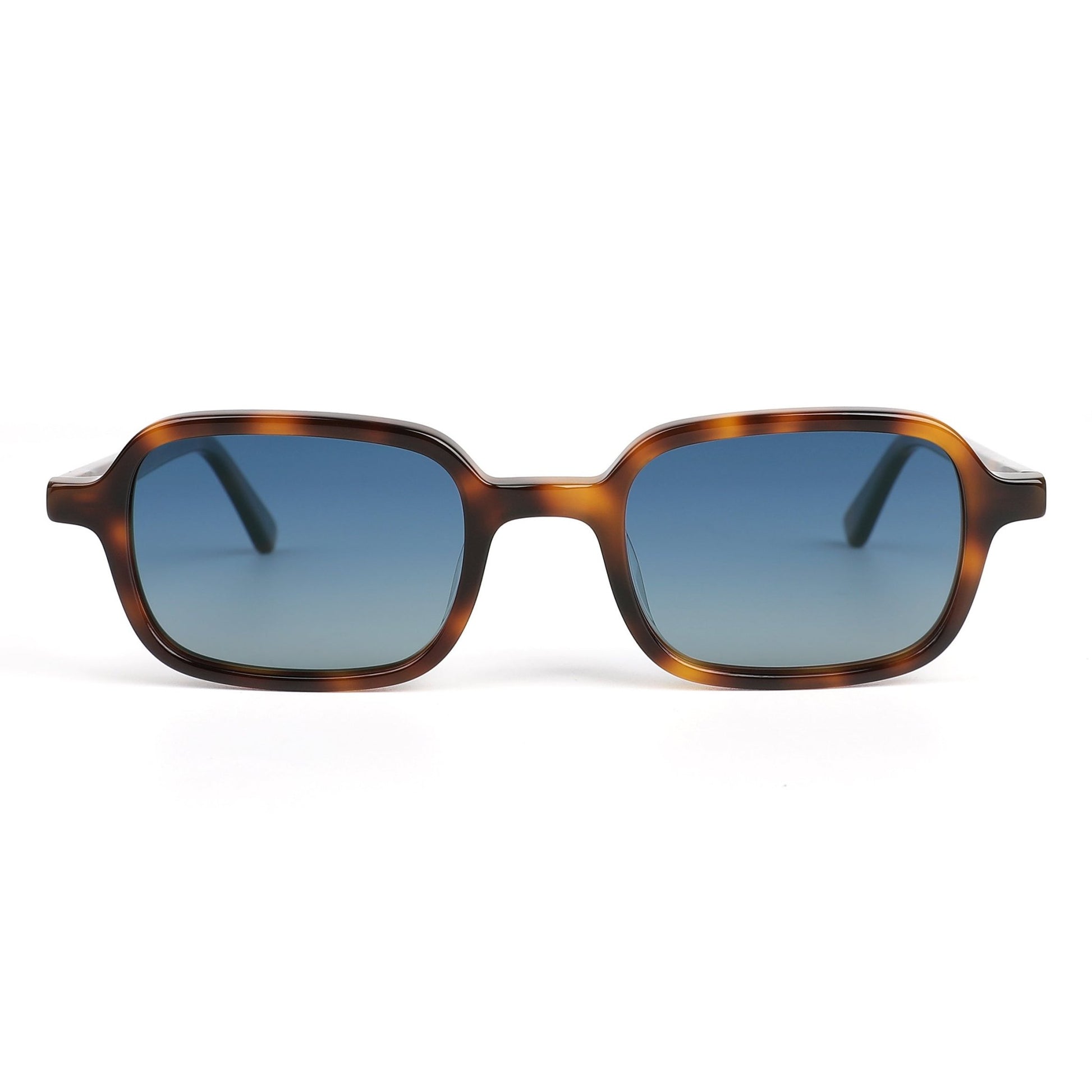 Alkira branded sunglasses with tortoiseshell frame and blue lenses on a white background