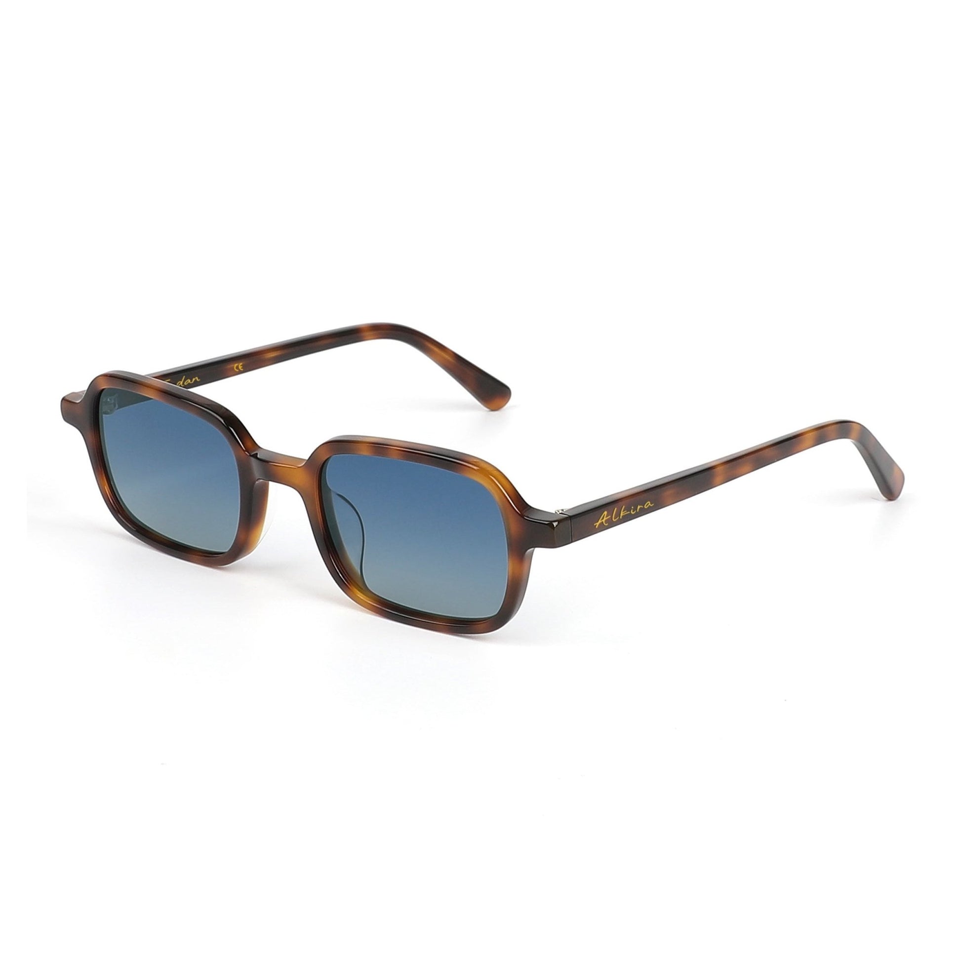 Alkira branded sunglasses with tortoiseshell frame and blue lenses on a white background