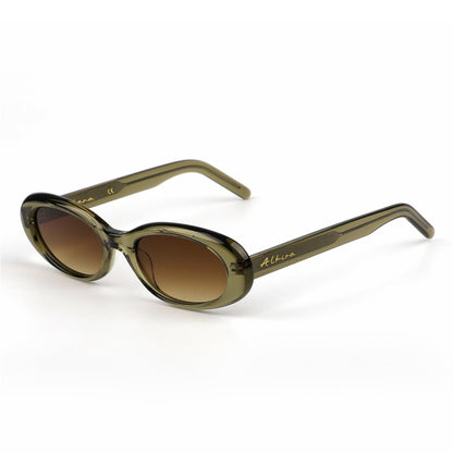 Alkira branded sunglasses with brown gradient lenses and green frames on a white background