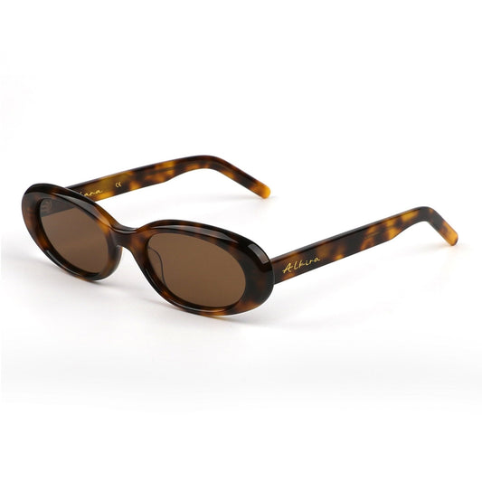 Alkira branded sunglasses with tortoiseshell frame and brown lenses on a white background
